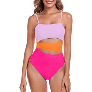 🆕Women Purple Orange Hot Pink Polyamide Geometric Cutout Bandeau One Piece Swim
